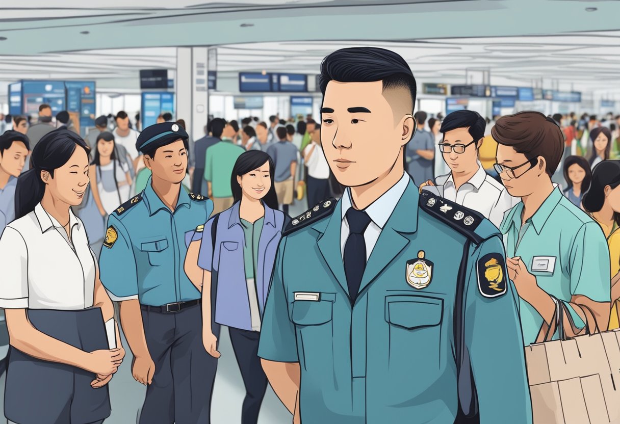 A customs officer in Singapore answers questions from travelers at a busy airport