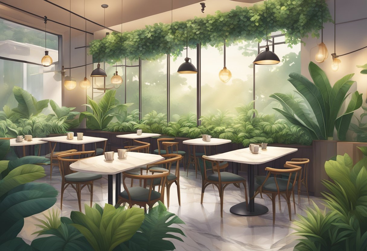 A cozy cafe in Singapore, with steaming cups of Bacha coffee on marble tables, surrounded by lush green plants and soft ambient lighting