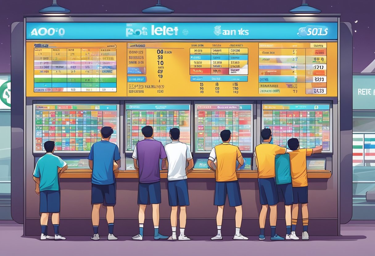 Soccer fans placing bets at a Singapore Pools booth, eagerly tracking the results on a large electronic display