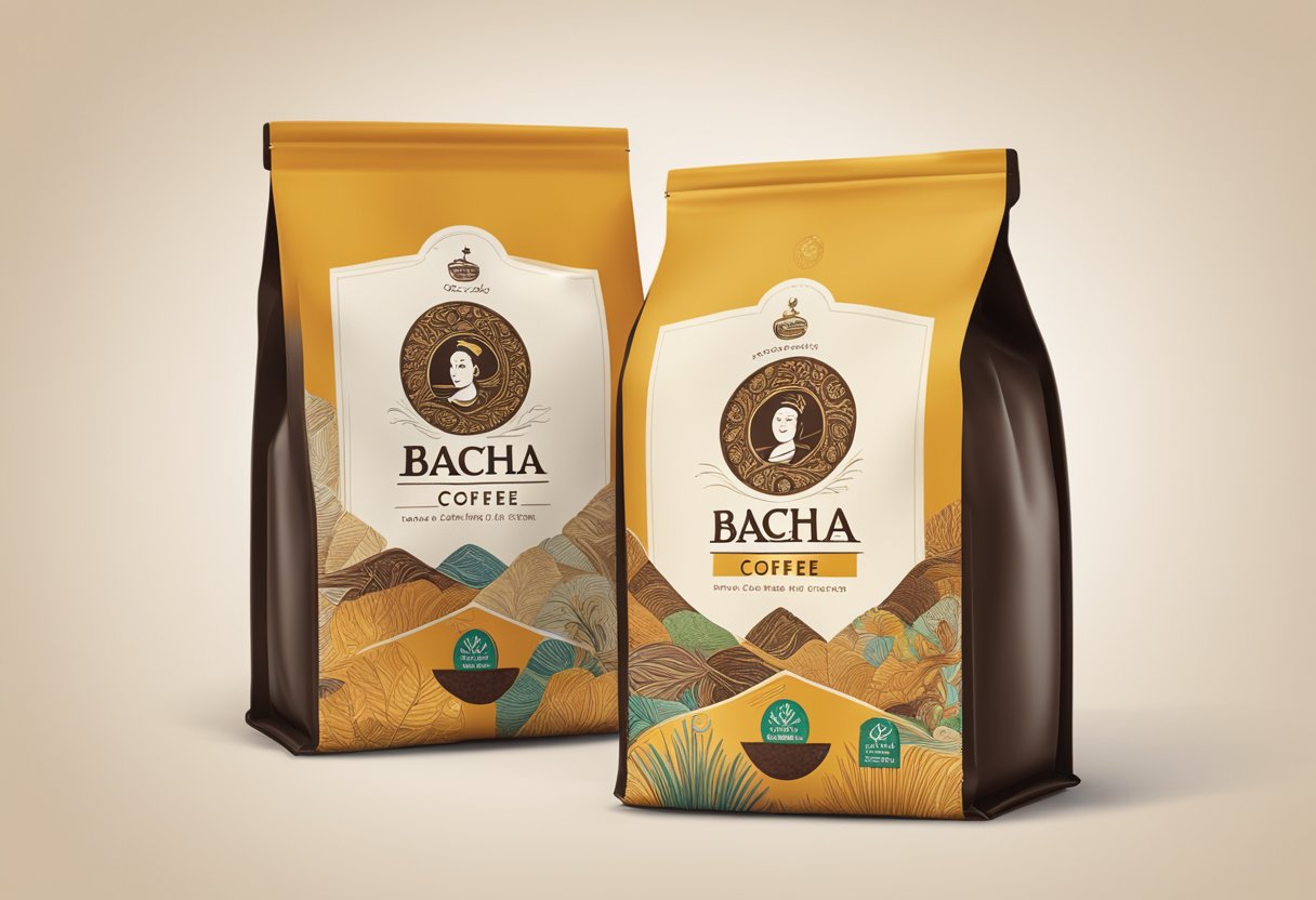 A person opens a bag of Bacha Coffee, revealing the rich aroma of freshly ground beans. The packaging features elegant designs and the logo prominently displayed