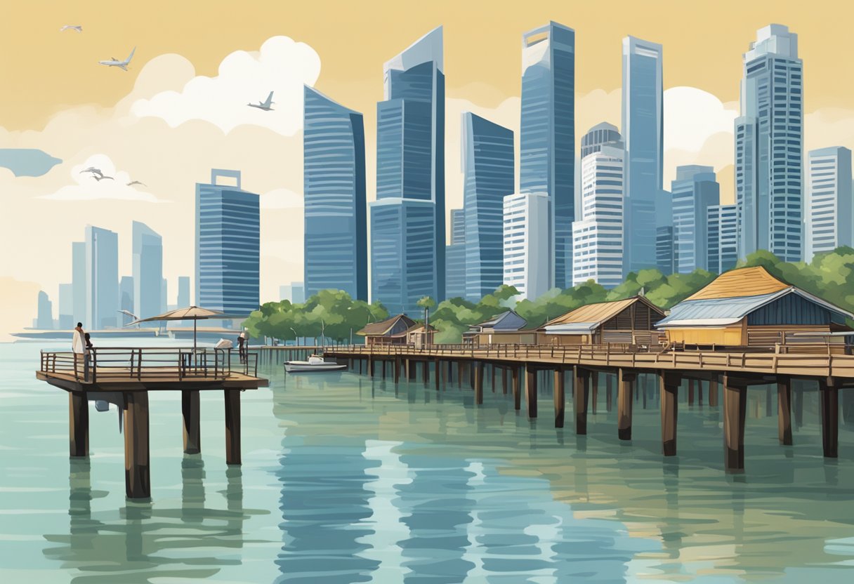 The Singapore water tide rises, revealing a sandy shore and gently lapping against the wooden pier. The skyline of the city looms in the distance, as boats bob in the calm waters
