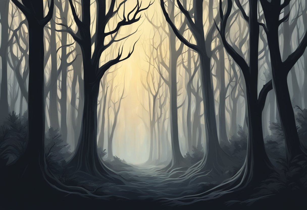 A dark, eerie forest with twisted trees and a sinister atmosphere, a small flickering light in the distance symbolizing hope amidst despair