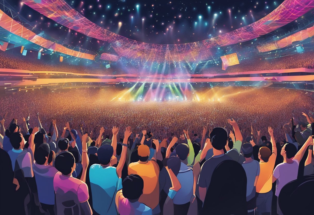 Crowd cheers as colorful lights illuminate the stage at the Coldplay concert in Singapore. Music fills the air as the band performs, creating an electrifying atmosphere