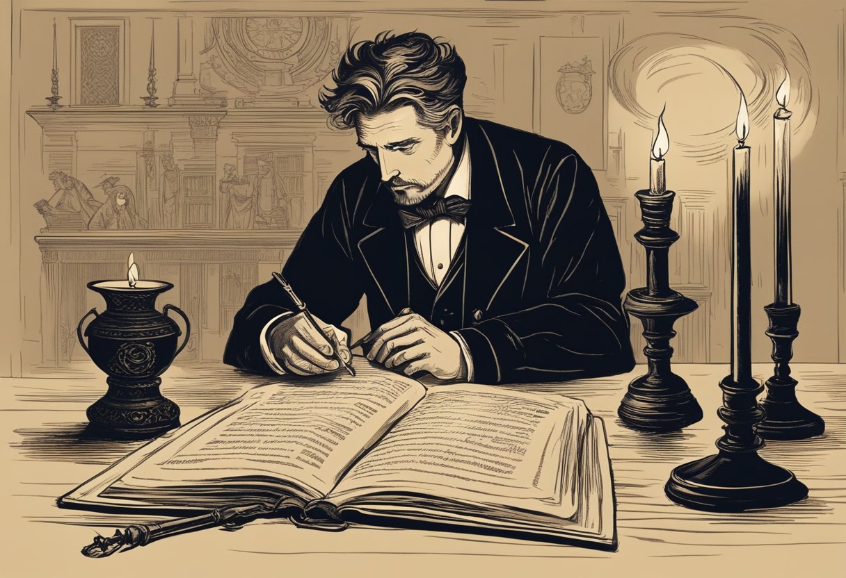 Ambrose Bierce's "The Devil's Dictionary" depicted with a quill pen writing on parchment, surrounded by flickering candlelight and shadowy figures lurking in the background