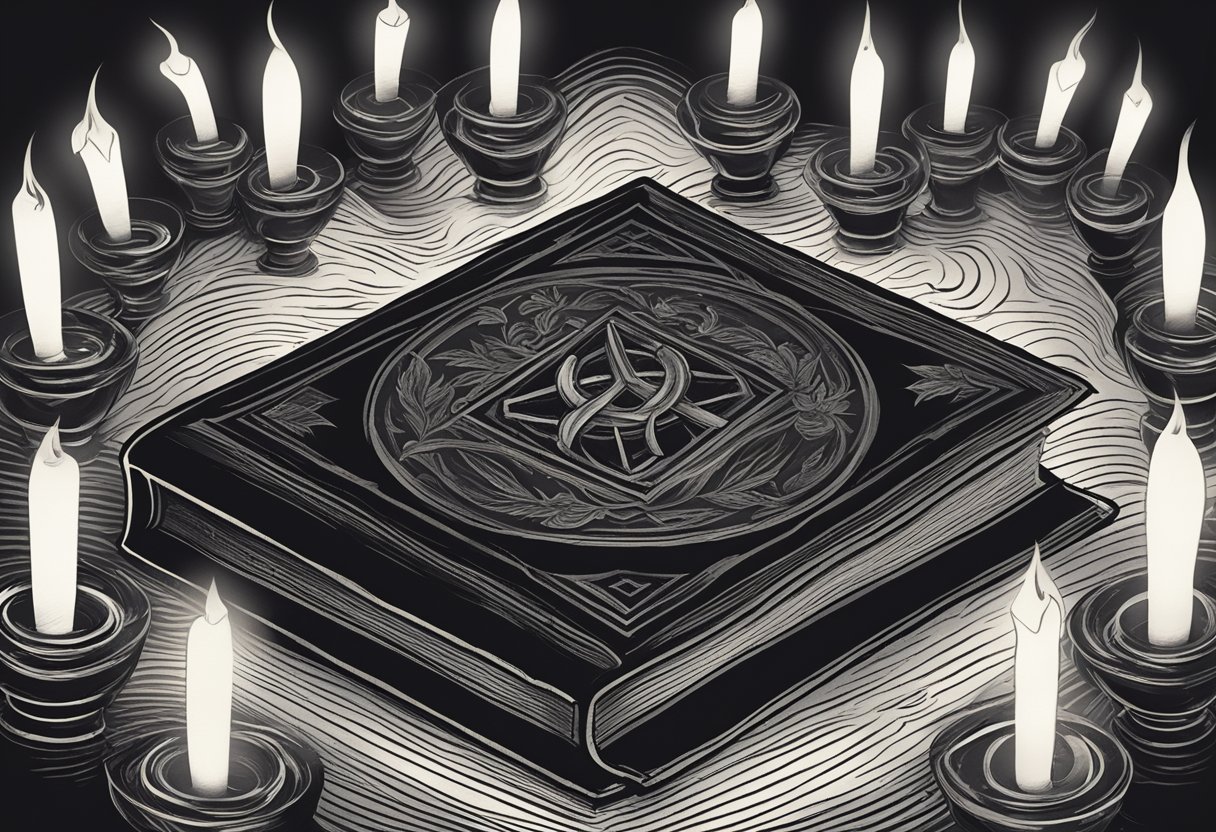 A dark, ominous book with a devilish symbol on the cover, surrounded by flickering candles and eerie shadows