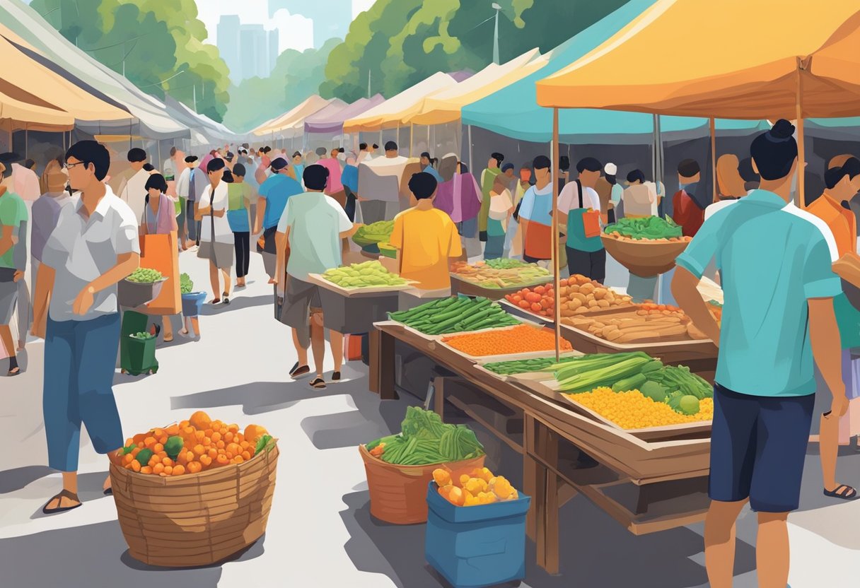 A bustling street market in Hooga, Singapore, with colorful stalls and vibrant displays of local produce and goods. The aroma of sizzling street food fills the air as people mill about, soaking in the lively atmosphere