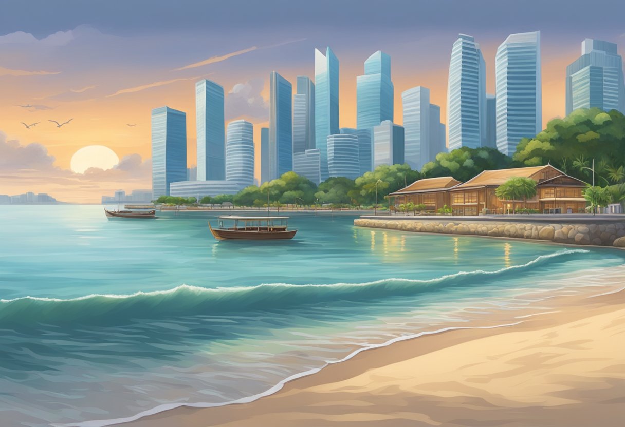 The calm waters of Singapore's coast gently rise and fall, following the rhythmic pattern of the tides, creating a tranquil and serene scene