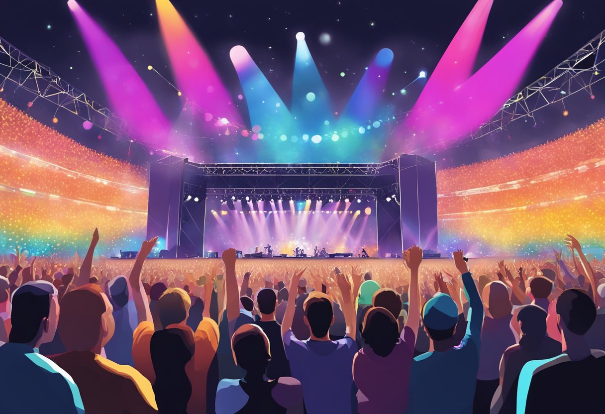 Crowd cheering, colorful lights flashing, stage set with instruments, Coldplay performing in Singapore concert