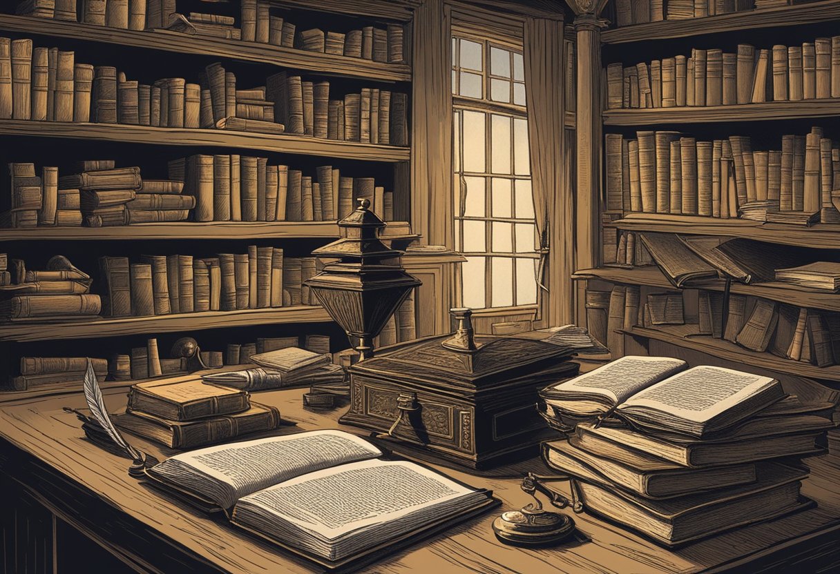 A dimly lit study with shelves of old books. A quill pen and inkwell sit on a cluttered desk. A dictionary with "The Devil's Dictionary" embossed on the cover lies open, revealing satirical definitions