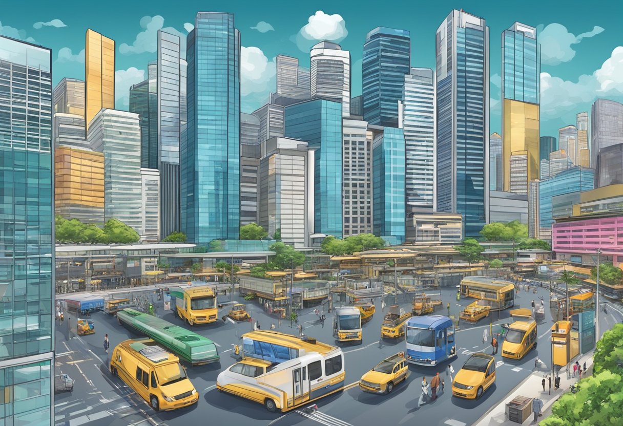 A bustling financial district in Singapore, with numerous transactions and transfers taking place among banks and financial institutions