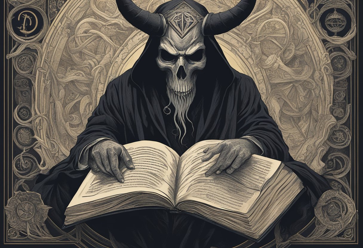 A dark, shadowy figure looms over a book, with twisted, demonic symbols and words emanating from its pages, representing the allegorical themes of deception and wickedness in "The Devil's Dictionary" by Ambrose Bierce