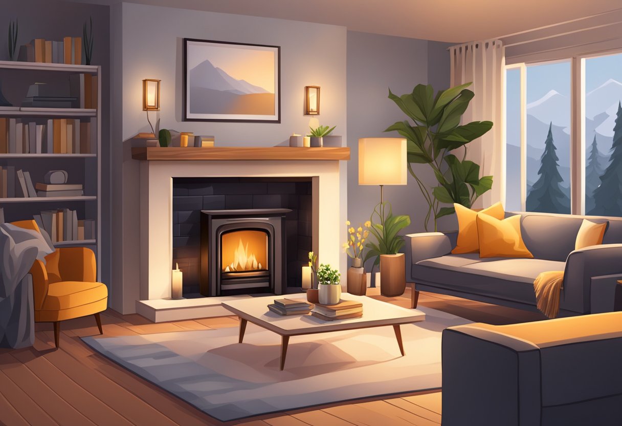 A cozy living room with warm lighting, soft blankets, and plush furniture. Candles and a crackling fireplace add to the ambiance