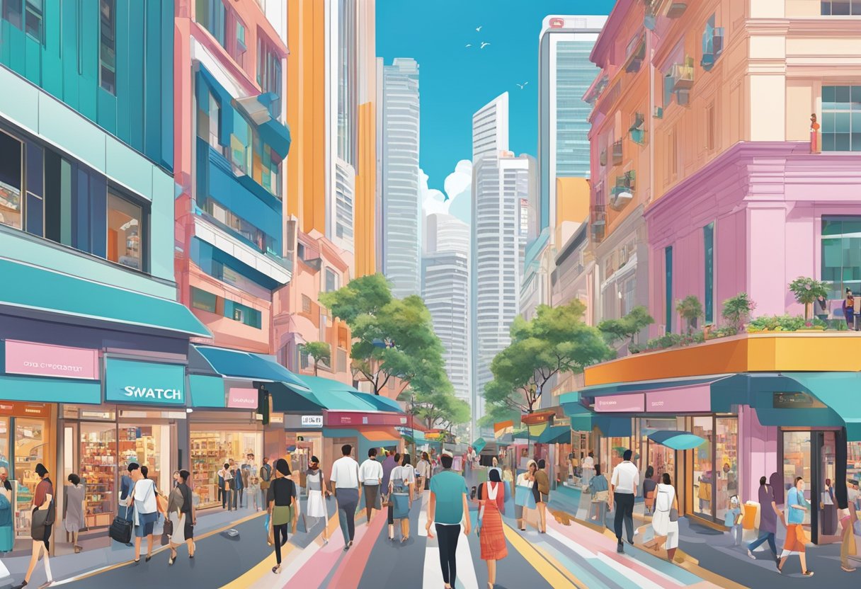 The bustling streets of Swatch Singapore, filled with colorful storefronts and lively pedestrians, set against a backdrop of modern skyscrapers