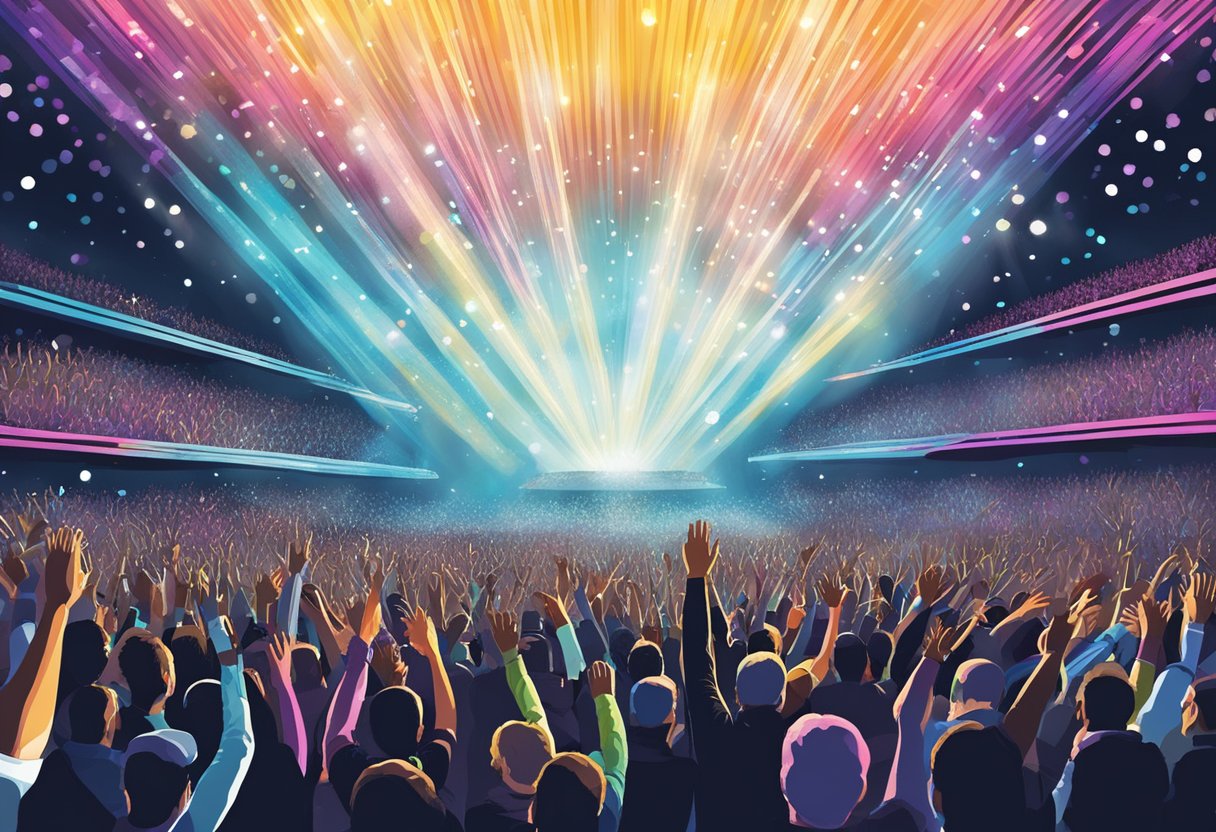 Crowd cheers as lights flash, illuminating the stage. Coldplay performs amidst a sea of waving hands, creating an electrifying atmosphere