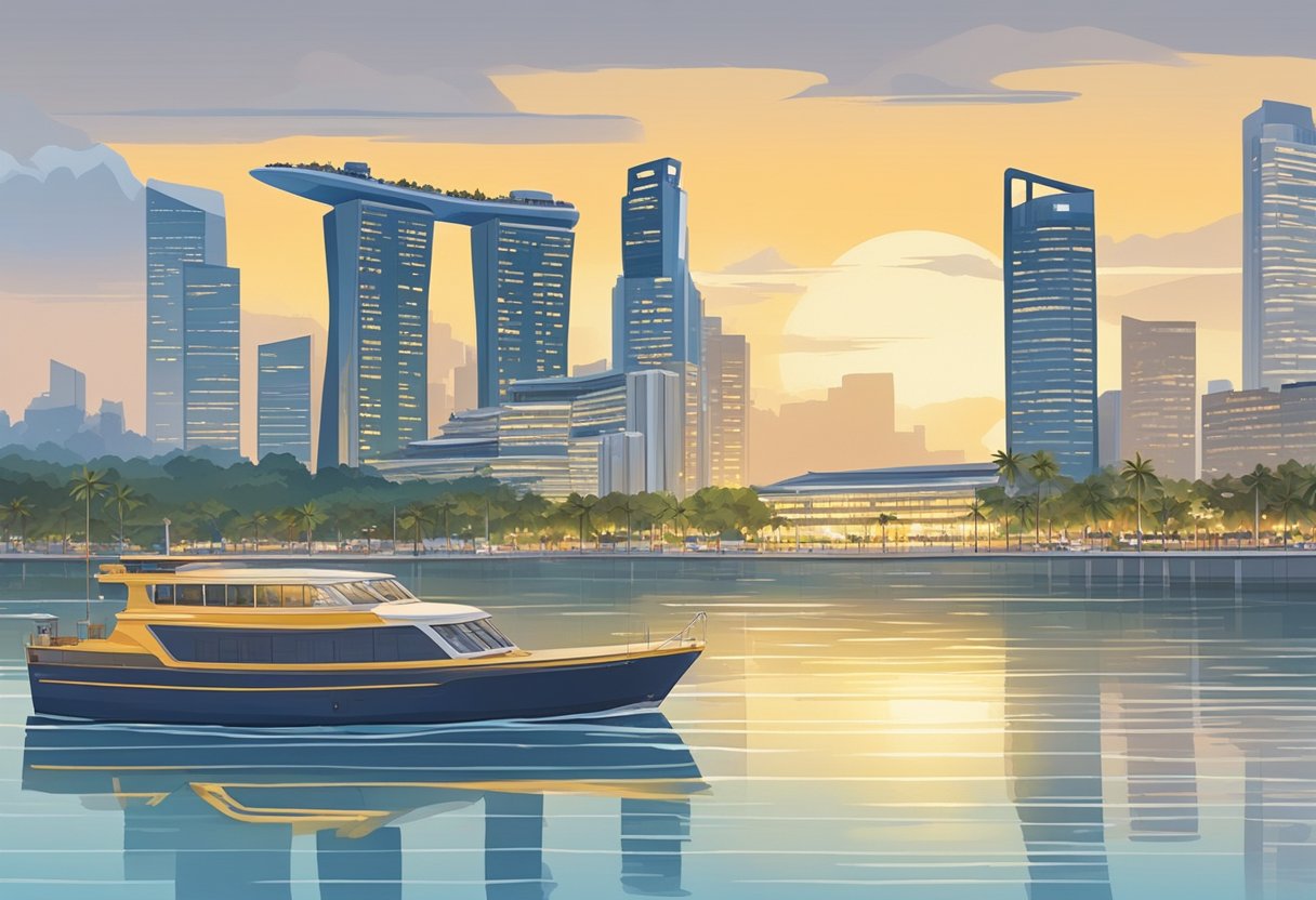 The calm waters of Singapore's coast reflect the changing tides, with gentle waves lapping against the shore. Tide charts and markers indicate the ebb and flow, providing valuable information for water activities
