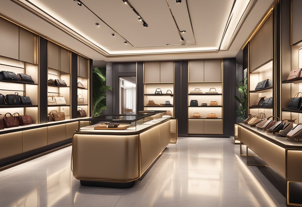 A luxurious leather goods store in Singapore, showcasing elegant handbags and wallets. The sleek, modern interior is accented with warm lighting, inviting customers to explore the high-quality products on display