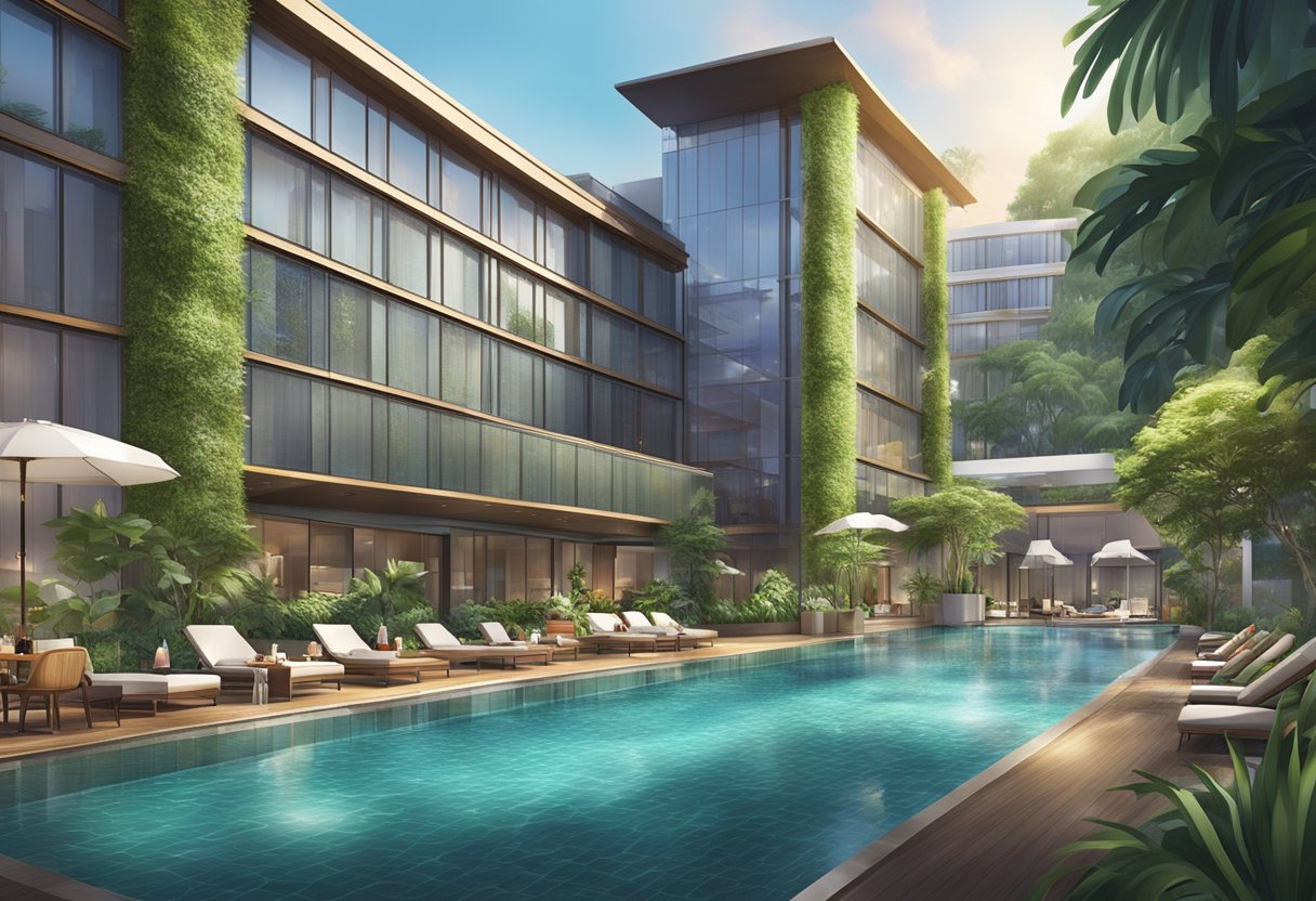 The scene showcases the luxurious amenities and services of Oasia Hotel Singapore, including a sparkling swimming pool, lush greenery, and elegant spa facilities