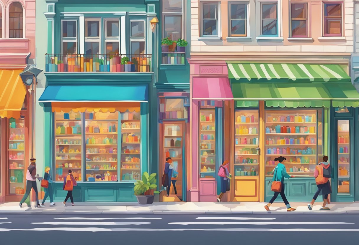 Vibrant storefronts line a bustling street. Colorful watches and accessories fill the windows, drawing in passersby with their playful designs
