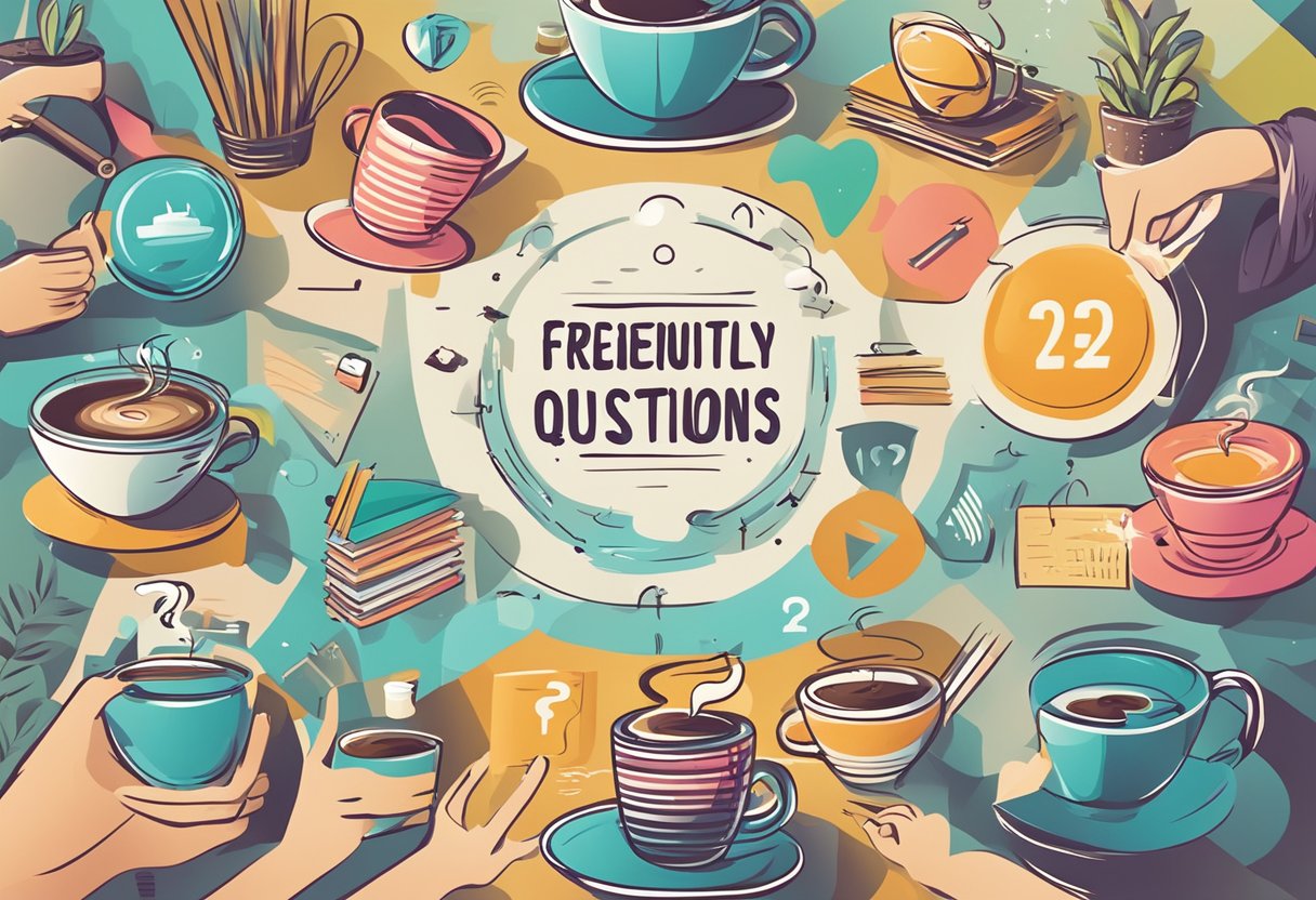 A colorful signboard with "Frequently Asked Questions" displayed prominently, surrounded by various coffee-related illustrations and symbols
