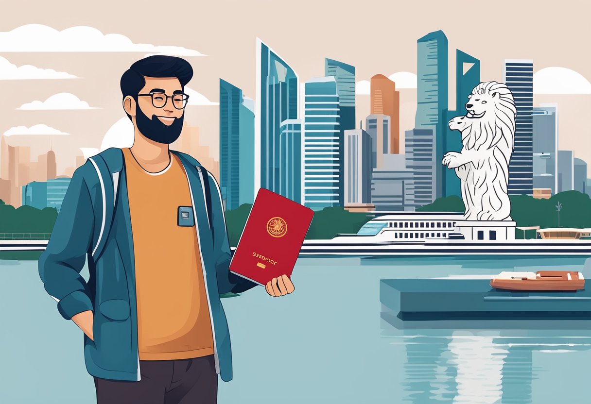 A Singapore permanent resident holding a red passport, standing in front of the iconic skyline of the city with the Merlion statue in the background
