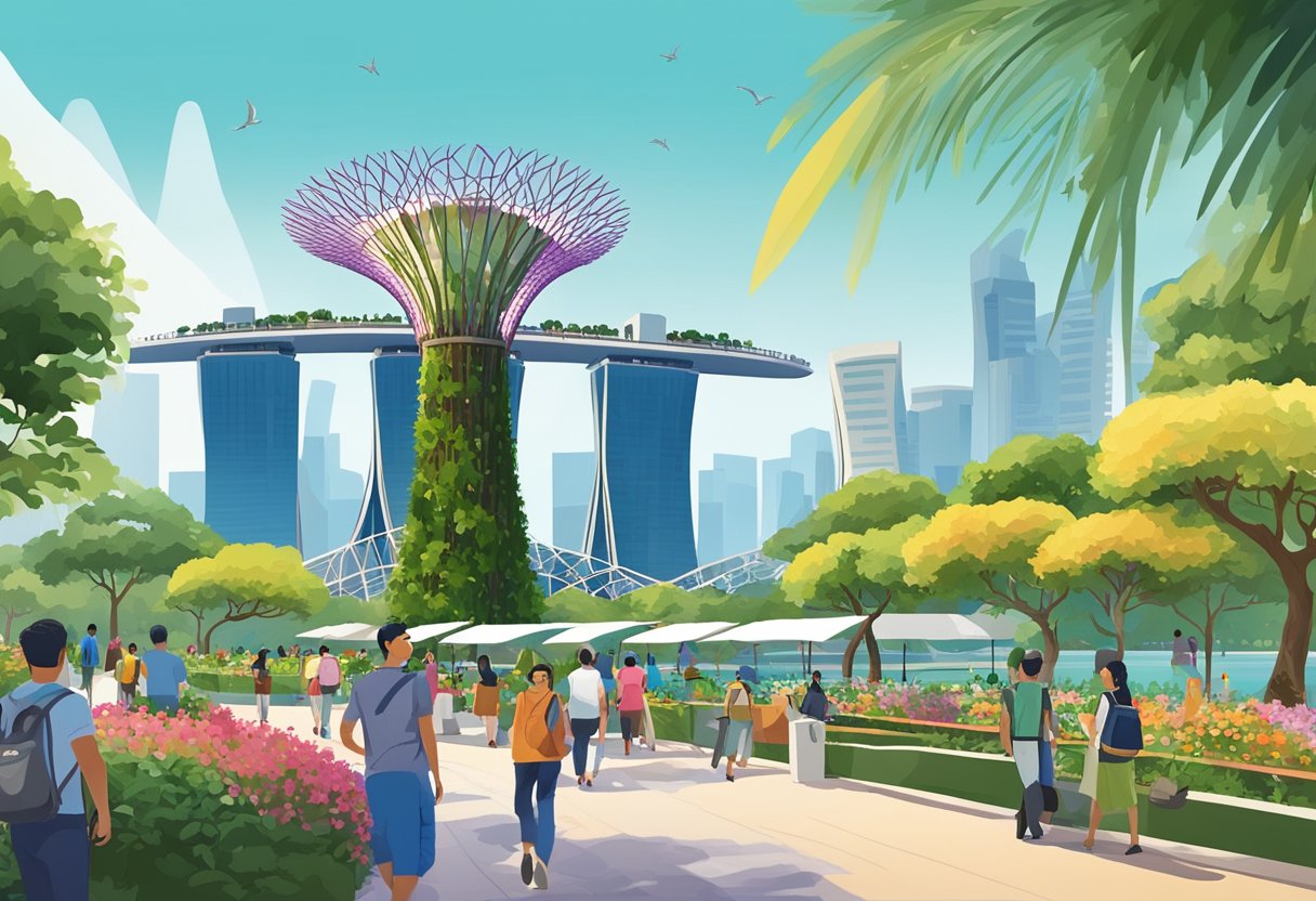 People strolling through Gardens by the Bay, enjoying the Supertree Grove and Flower Dome. Boats sailing along the Marina Bay waterfront, with the iconic skyline in the background