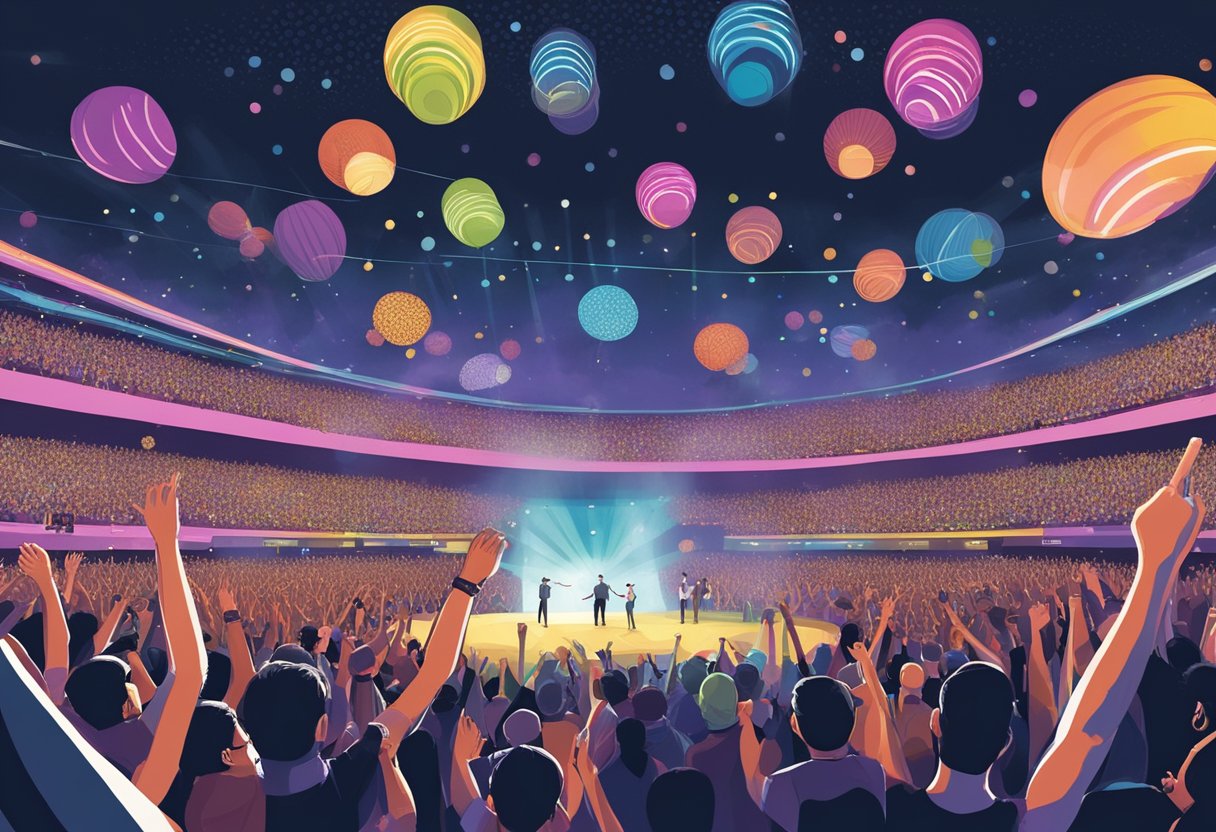 Crowd cheers as Coldplay performs in Singapore. Band members on stage, lights flashing, fans singing along. FAQ signs visible