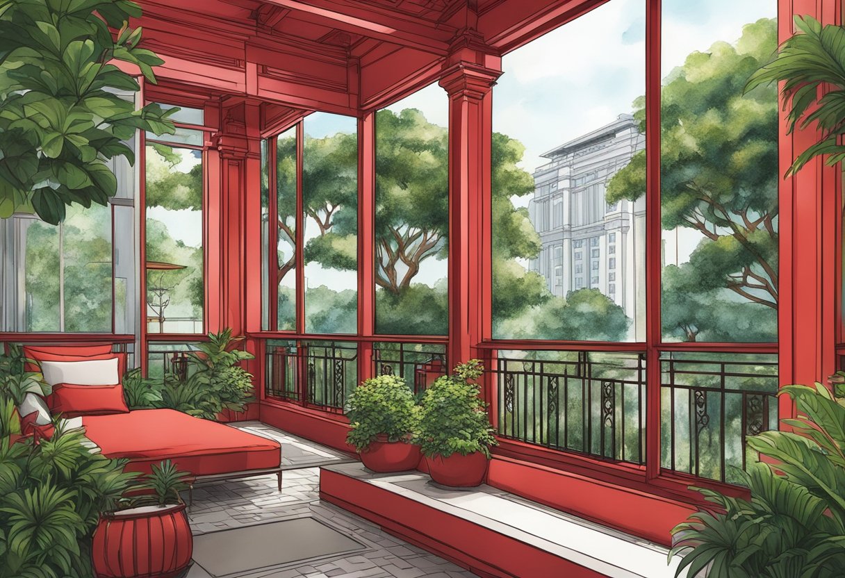 The Scarlet Hotel in Singapore exudes elegance with its vibrant red exterior and intricate architectural details. The lush greenery surrounding the building adds a touch of serenity to the scene