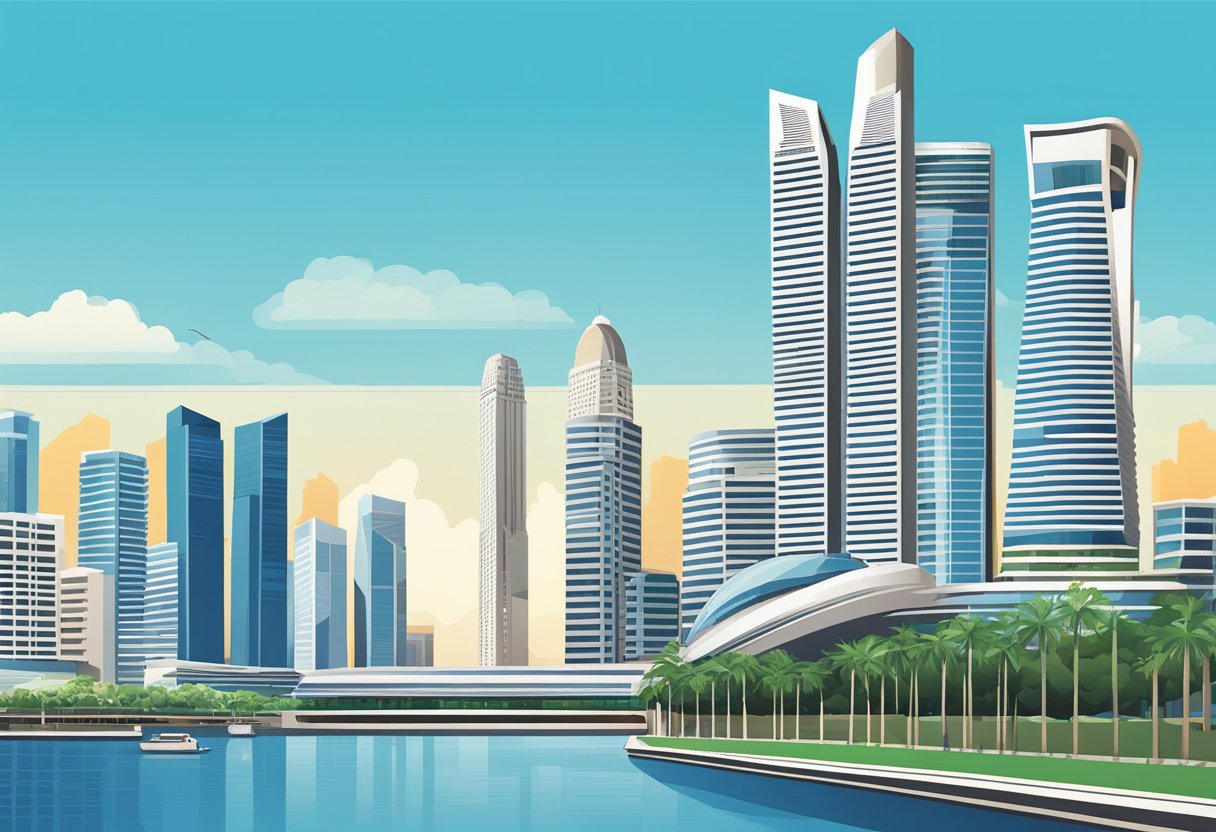 The Singapore Land Tower stands tall against a clear blue sky, with its sleek and modern architecture dominating the city skyline