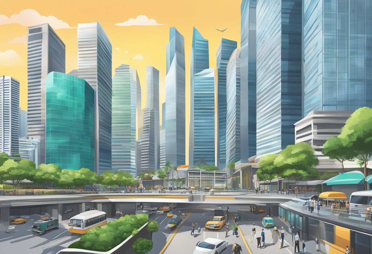 A bustling financial district in Singapore, with sleek skyscrapers and bustling streets, where high-profile money laundering cases and operations take place