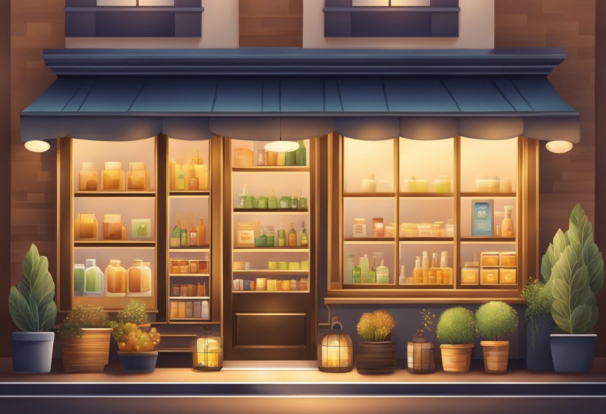 A cozy and inviting storefront with a warm glow, showcasing a variety of wellness and lifestyle products