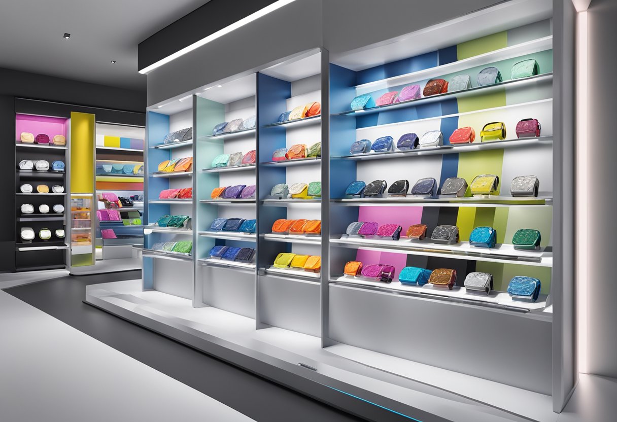 A colorful display of Swatch watches and accessories on a sleek, modern showcase