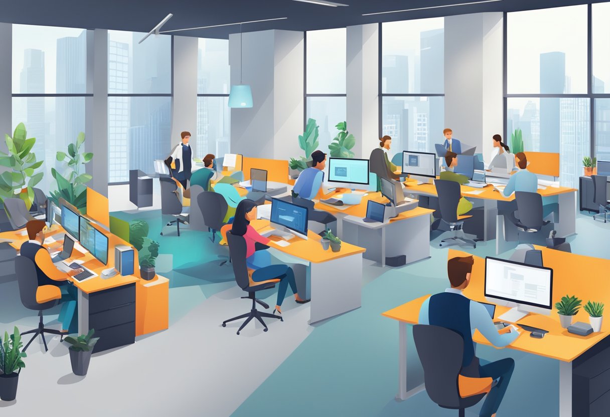 A bustling office with computers, desks, and people networking and collaborating in a modern workspace