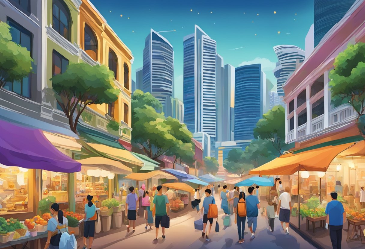 Colorful street art, traditional architecture, and bustling markets in Singapore. Vibrant cultural performances and art exhibitions. Iconic landmarks and tranquil gardens