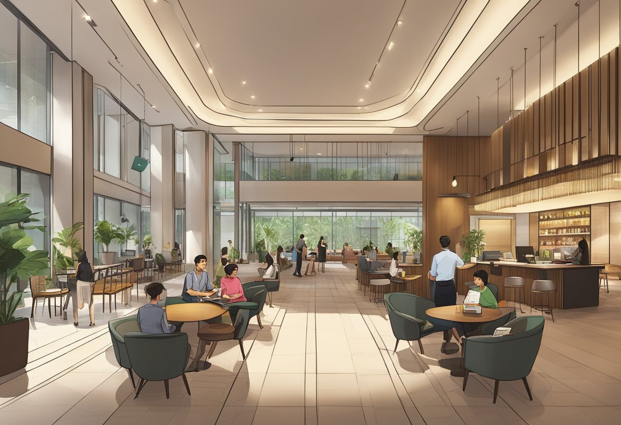 The lobby of Oasia Hotel Singapore bustles with guests seeking information at the Frequently Asked Questions desk. The sleek, modern decor and warm lighting create a welcoming atmosphere