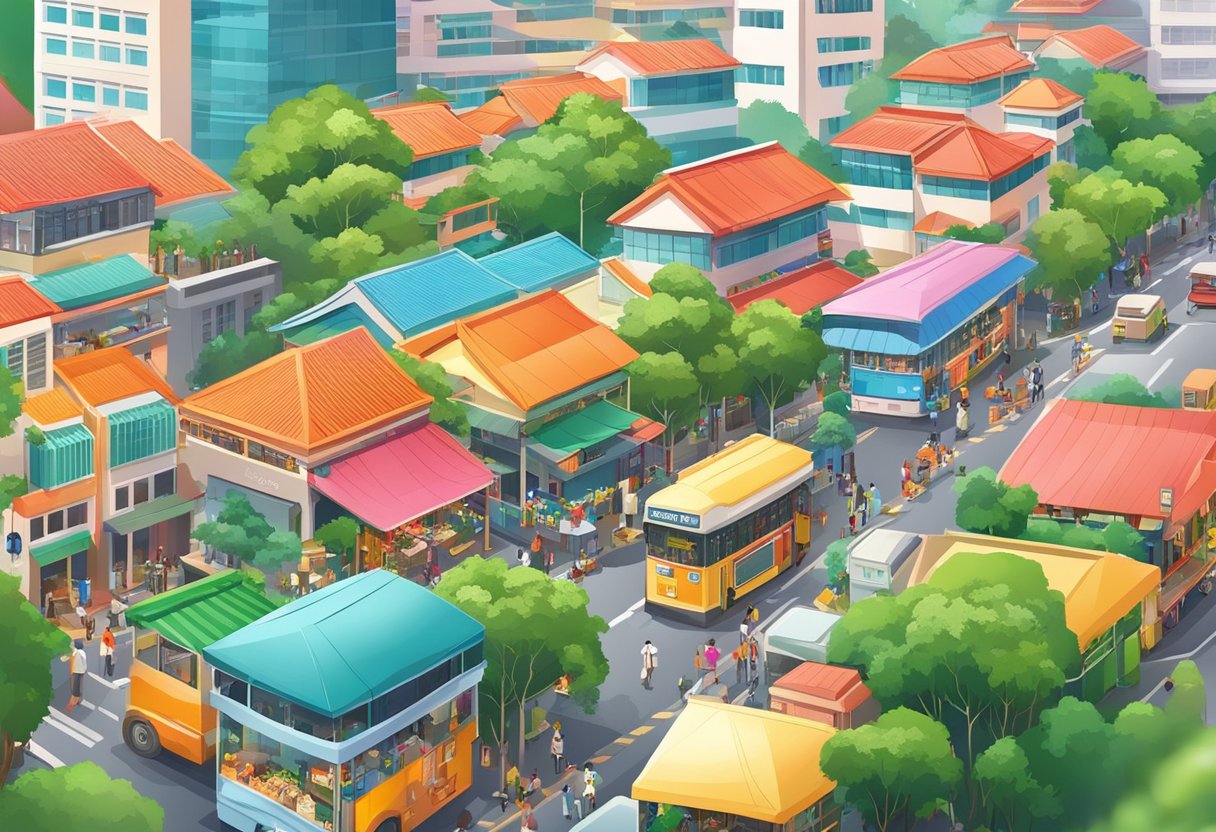 The bustling streets of Singapore, with colorful buildings and vibrant street markets, surrounded by lush greenery and modern skyscrapers