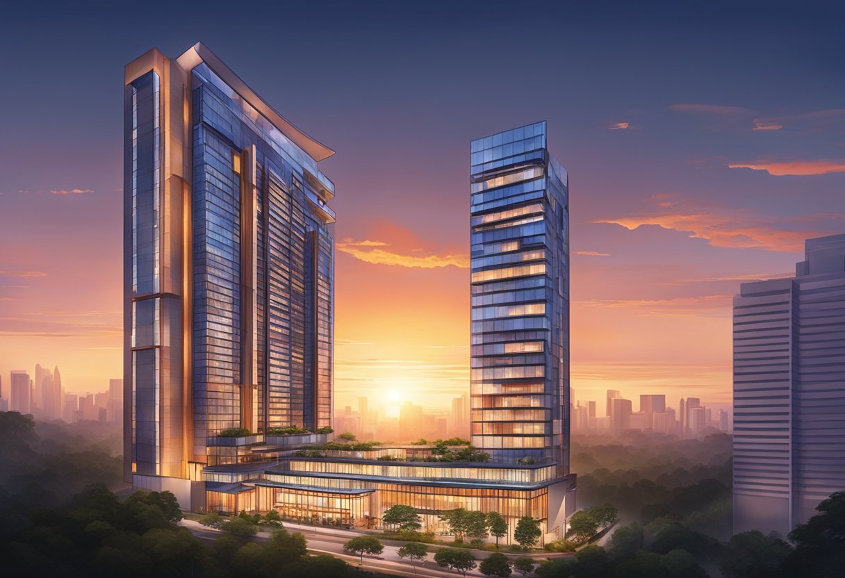 The sun sets over the sleek, modern architecture of the Scarlet Hotel in Singapore, casting a warm glow over the bustling city streets below
