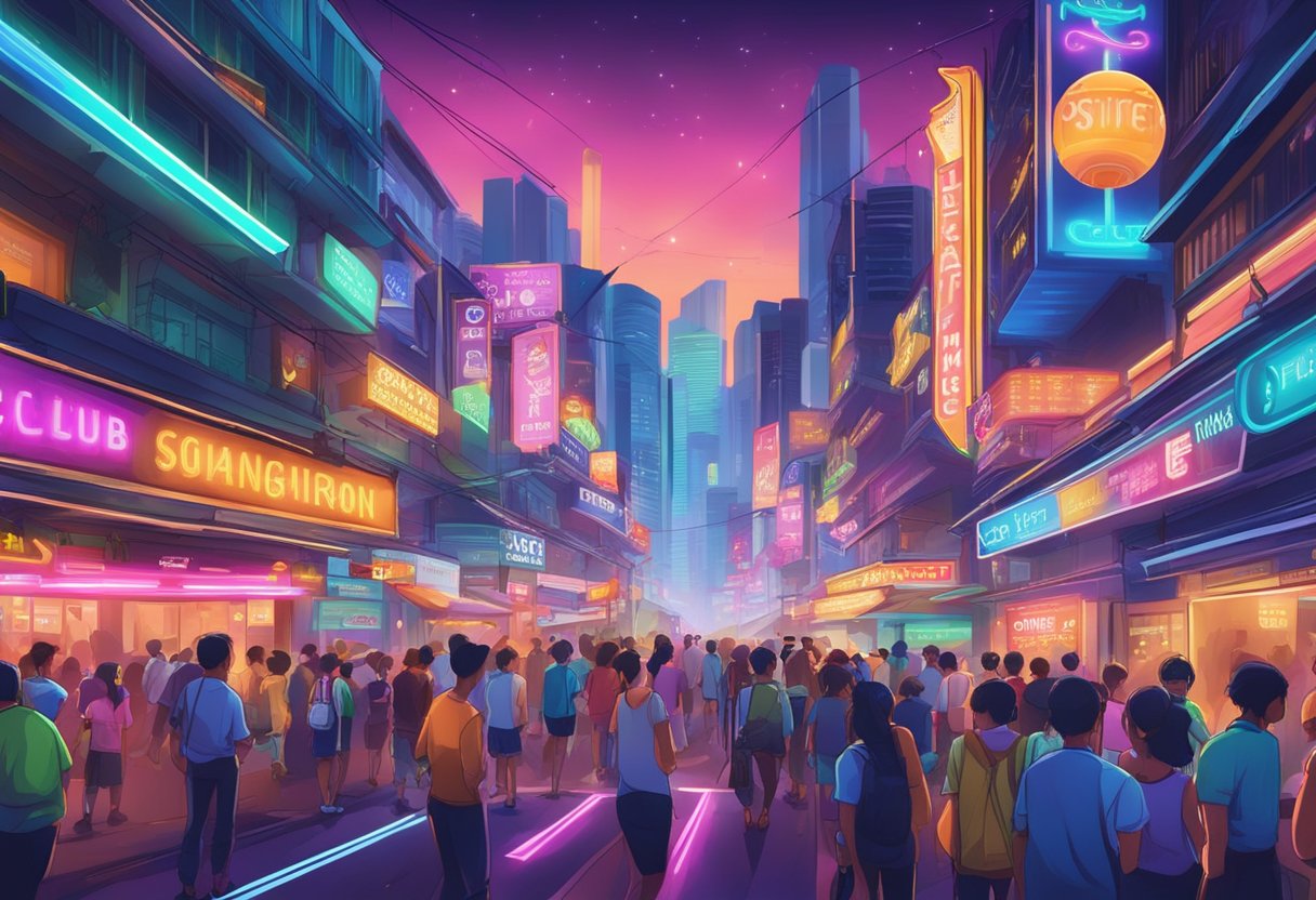 Colorful neon lights illuminate the bustling streets of Singapore, with vibrant club signs and lively music spilling out into the night