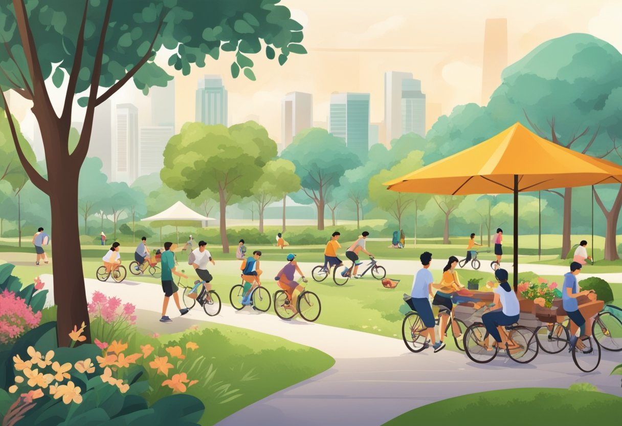 People enjoying outdoor activities in Singapore: picnicking, cycling, jogging, playing sports, and relaxing in parks and gardens