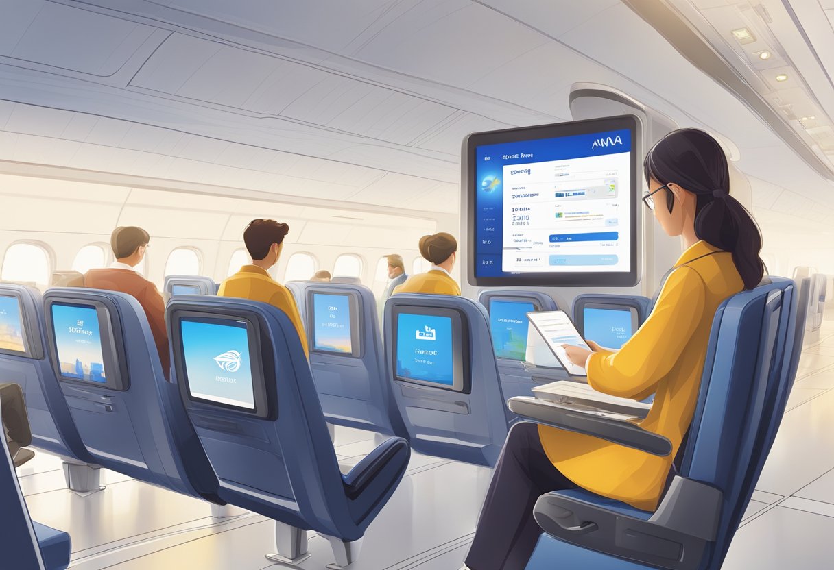 Passenger booking ANA flight online, selecting destination, date, and seat. ANA Singapore logo displayed on screen