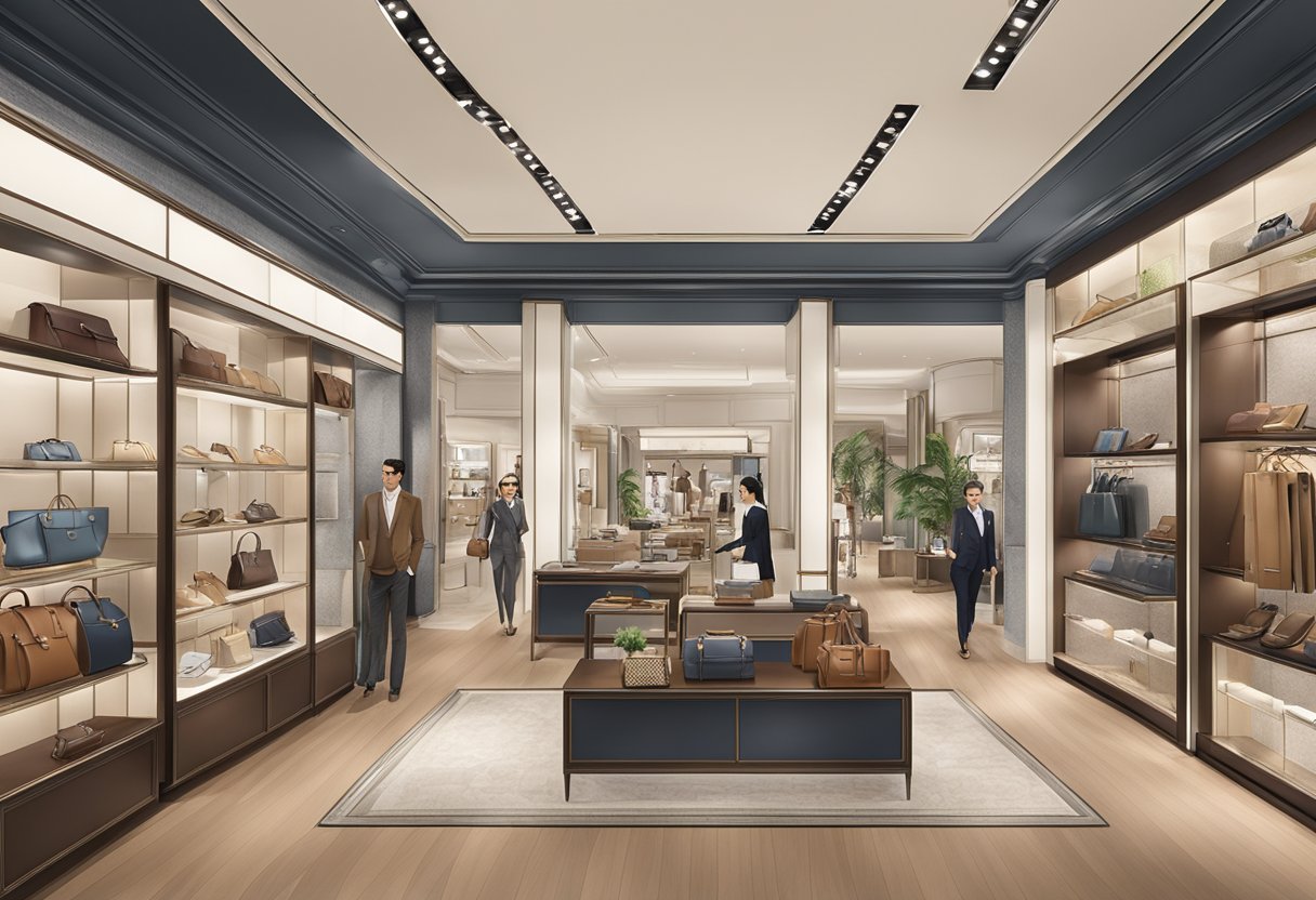 A display of luxury leather goods at Braun Buffel Singapore, surrounded by elegant store decor and attentive customer service
