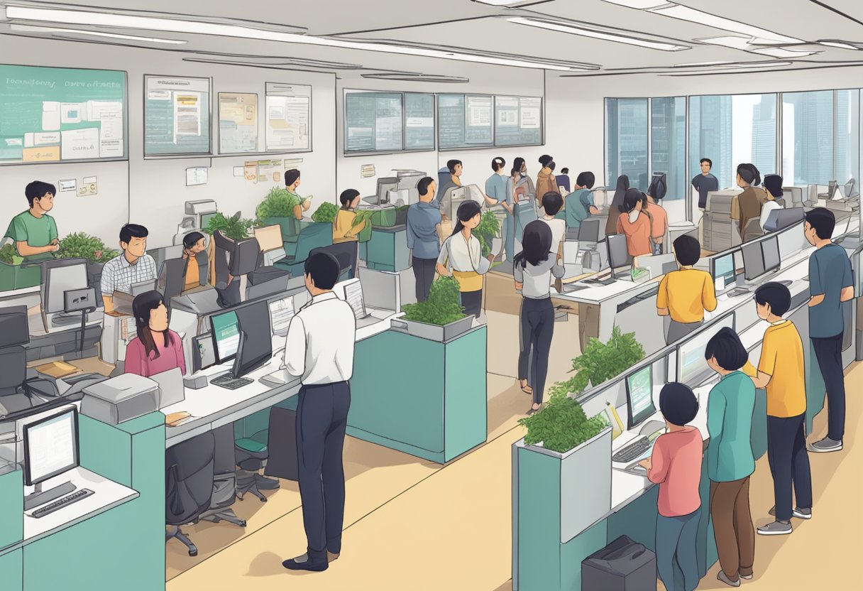 A bustling office with people lining up at a counter, displaying a sign that reads "Frequently Asked Questions for Singapore Permanent Residents."