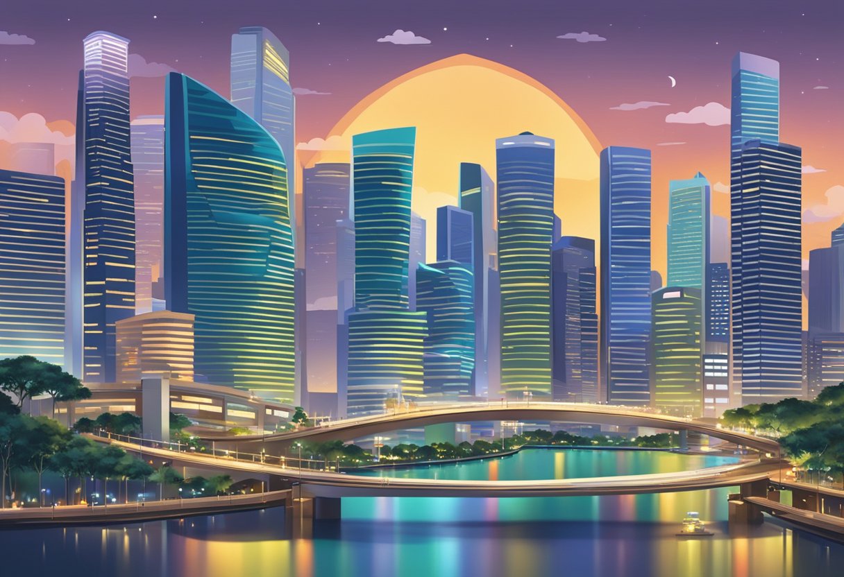 A bustling cityscape with skyscrapers and office buildings, featuring the iconic skyline of Singapore. Bright lights and bustling streets convey the vibrant employment opportunities in the city