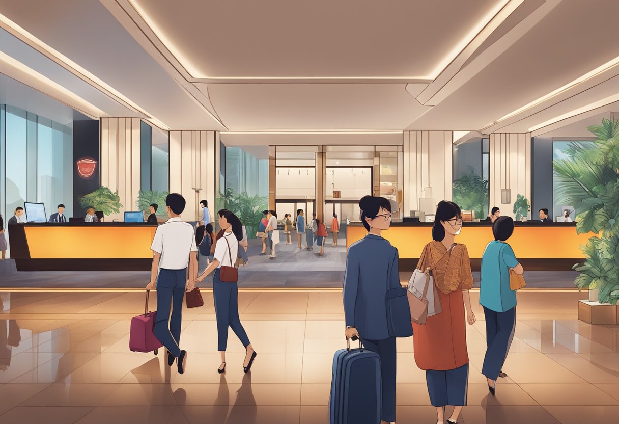 The bustling lobby of Scarlet Hotel Singapore, with guests checking in and staff assisting, while the FAQ board stands prominently in the background