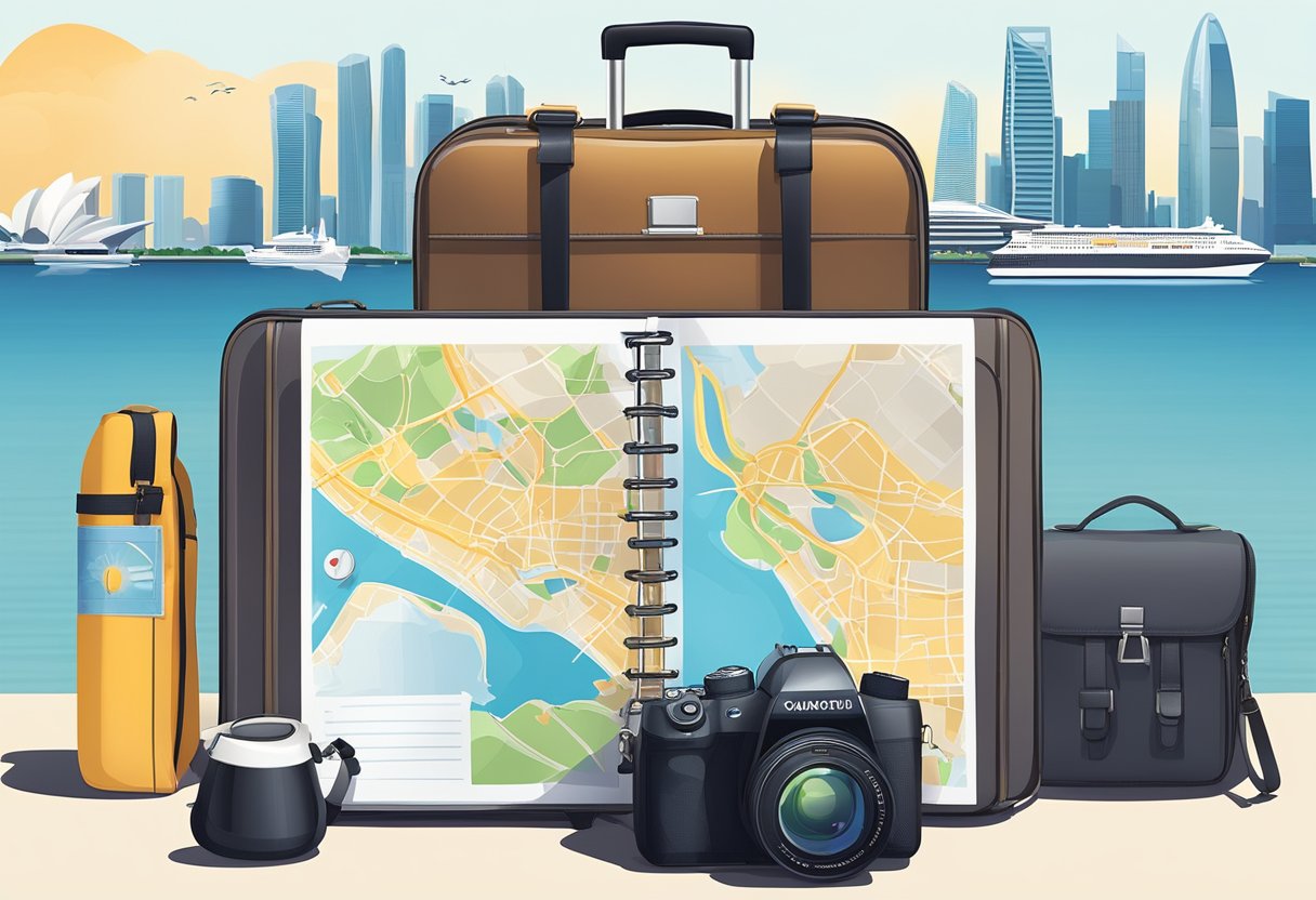 A suitcase, passport, map, sunscreen, umbrella, and camera laid out on a table with a view of the Singapore skyline in the background