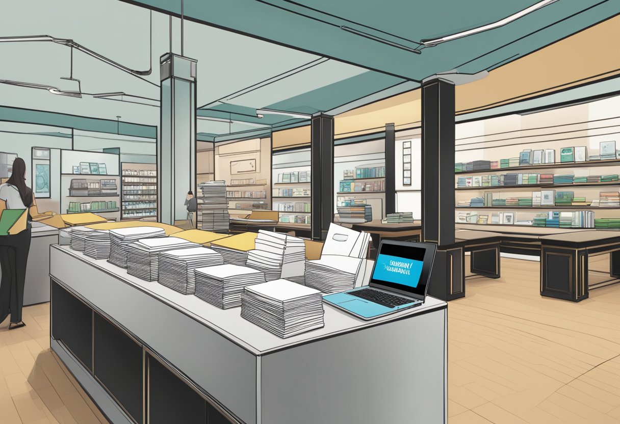 A table with a stack of brochures, a laptop, and a sign reading "Frequently Asked Questions" at a Braun Buffel store in Singapore