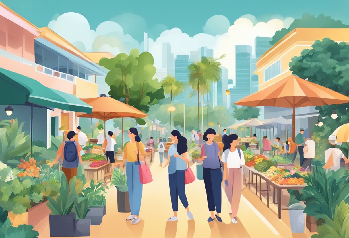 People enjoying various activities in Singapore: visiting gardens, exploring cultural sites, dining at local eateries, and shopping at markets