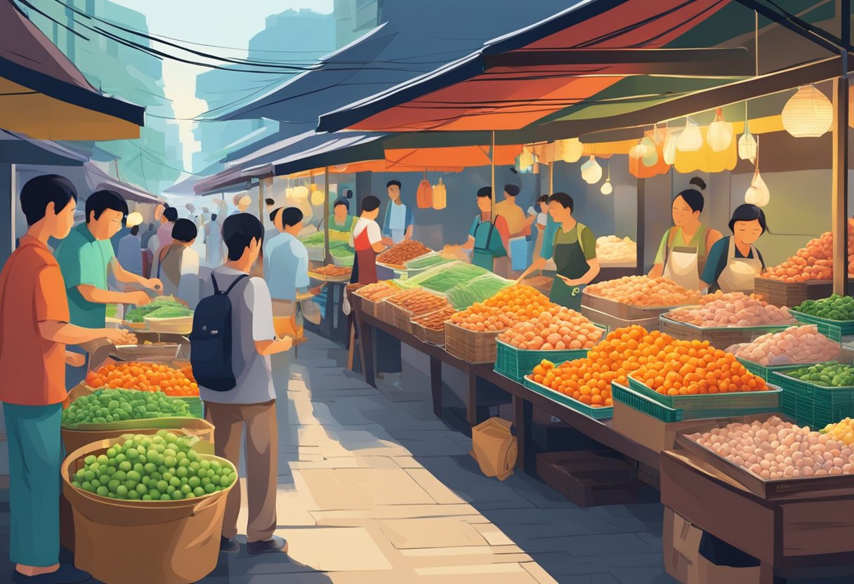 A bustling street market in Singapore showcases vendors selling Fuzhou fish balls, displayed in vibrant colors and enticing aromas