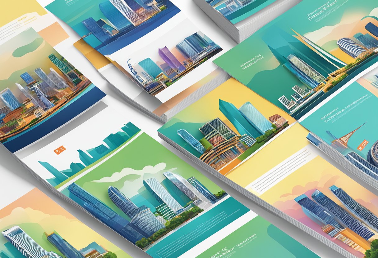 A stack of FAQ brochures with the iconic Singapore skyline in the background
