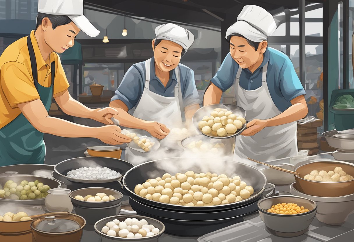 Ingredients mixed, hands shaping fish ball dough. Boiling pot on stove. Steam rising. Vendor selling fish balls in Singapore market