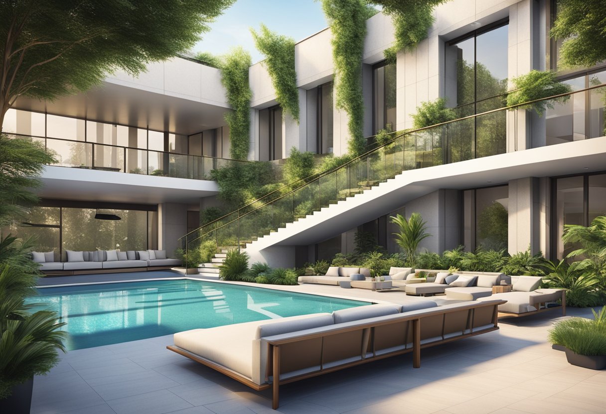 A modern, sleek lobby with a grand staircase and lush greenery, leading to a spacious outdoor pool and sun deck